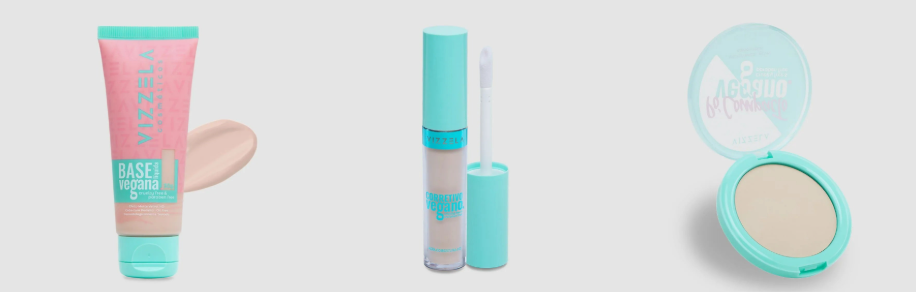 Linha Matte Vizzela – Base (R$ 62,00), Corretivo (R$ 58,90) e Pó (R$ 34,90)
